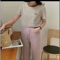 (41) Áo thun thêu chữ Barbie kẻ sọc ngang chất cotton thoải mái, Áo cộc kẻ ngang nhiều màu siêu xinh cho nữ