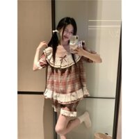413_ Váy ngủ nữ, pijama ngắn tay dángl babydoll hoạ tiết kẻ caro đỏ phối ren bèo Hàn Quốc | Hàng QCCC | 9scat