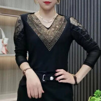 42.5-80kgf Gợi Cảm Bướm Ren Dài Tay Màu Đen Áo Thời Trang Cổ Chữ V Kim Cương Thiết Lập Plus Size Nữ Top