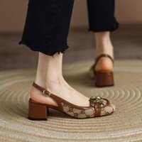 4308 Người Pháp Retro Rỗng Túi Sau Dép Tròn Ngón Chân Trung Bình Gót Dày Ngàn Lưới Chim Khóa Kim Loại Giày Đơn