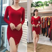 447 - Đầm ôm body cổ tim tay dài,có xẻ đùi