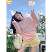 🎀48 giờ gửi🎀Bộ đồ mùa hè Màu hồng mỏng Phong cách chống nắng Áo thun dài tay + Quần short thông thường màu vàng Bộ đồ thời trang nữ Mùa hè Phong cách mới Phong cách lười biếng Bộ đồ hai mảnh