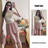 🎀48 giờ gửi🎀Bộ đồ mùa hè Nữ Hot Girl Pure Desire Style Áo thun ngắn tay màu trắng Áo thun nữ + Váy hông cao màu hồng Váy ngắn Bộ đồ hai mảnh Quần áo nữ