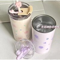 480ml  Bình Nước Ly Cốc Giữ Nhiệt Có Ống Hút bình giữ nhiệt  Họa Tiết In Hoa Dễ Thương Thép Không Gỉ Hàn Quốc