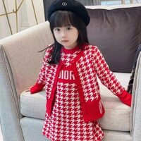 4ri7 Dior High-End Children's Clothing New Year Hot Sale Set Princess Dress Two-Piece Set Female Baby Outer Wear Long Sleeve Knitted Houndstooth Dress