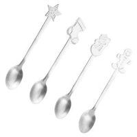 4x Dessert Teaspoons Christmas Metal Spoons Set for Latte Coffee - Argent
