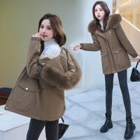 4X6691A Áo khoác kaki nữ dài tay lót nỉ dáng dài mùa đông cổ lông liền mũ cao cấp hàng nhập