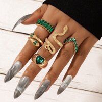 5 Cái / bộ Sang Trọng Màu Xanh Tình Yêu Pha Lê Trái Tim Rắn Ngón Tay Nhẫn Nữ Hình Mở Kim Loại Bộ Nhẫn Vàng Trang Sức