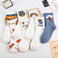 5 Đôi | Tất trắng phong cách đại học phong cách Hàn Quốc cho nữ, tất dài đến bắp chân thêu, tất cao