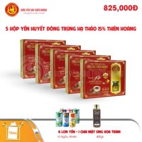 5 hộp yến sào Thiên Hoàng 15% huyết yến đông trùng hạ thảo (6 lọ/hộp) - Tặng 6 lon yến + 1 chai mật ong hoa tràm 400g