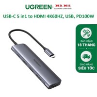 [5 IN 1] Bộ chuyển USB-C đa năng Cao Cấp Ugreen 70495-Type C sang HDMI 4K@60Hz+3USB 3.0 + PD100W CHính Hãng CM136