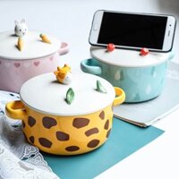 [5 Mẫu Cute] Tô Ăn Mì, Tô Sứ 800ml Có Nắp Đậy Kèm Giá Đỡ Điện Thoại - Thoải Mái Dùng Lò Nướng, lò Vi Sóng