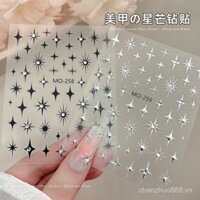 5 miếng dán móng tay hình ngôi sao kim cương pha lê, trang trí móng tay hình ngôi sao bốn cánh kim loại 3D màu bạc chạm nổi jvri