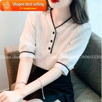 [5 Thời Trang] Áo Sơ Mi Viền Đen Trắng Vải Lanh Cao Cấp