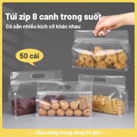 [50 cái] Túi zip 8 cạnh trong suốt quai xách form ngang túi zipper đứng đựng thực phẩm ngũ cốc và đồ ăn nhẹ