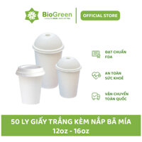 50 ly cốc giấy trắng nắp bã mía 12oz-360ml,16oz - 500ml dùng 1 lần