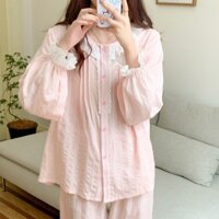 505_Bộ ngủ nữ, pijama dài tay màu hồng nhạt chất muslin Kiểu Hàn  Cao Cấp | Hàng QCCC | 9scat
