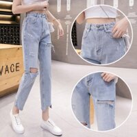 [5109 Bộ sưu tập mọi người] Quần jean rách lưng cao màu nhạt dành cho nữ dáng rộng dáng rộng dáng rộng trông cao hơn Phiên bản Hàn Quốc Mùa hè Phong cách mỏng đến mắt cá chân Quần Harem dài hợp thời trang