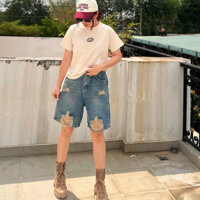 [55-90kg] Quần lửng ngố ống rộng bigsize nam nữ, xanh RÊU rách 3194, không giãn