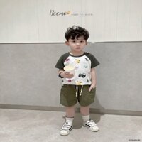 6-25kg Bộ cộc áo cotton tay raglan in hình xe ô tô dễ thương, quần short kaki mềm form rộng phối túi cá tính.