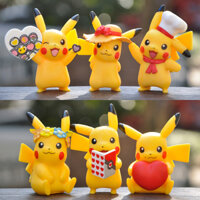 6 cái / bộ 8-9 cm pokemon pikachu đeo mũ rơm mũ đầu bếp vòng hoa đọc sách phim hoạt hình q phiên bản kawayi pvc hình hành động mô hình đồ chơi trẻ em quà tặng