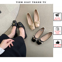 (616-613)Giày búp bê nữ da mềm đính nơ mũi vuông gót 3p hàng QCCC