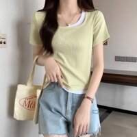 63516 Khâu màu tương phản Slim-Fit mùa hè ngắn tay t @ -