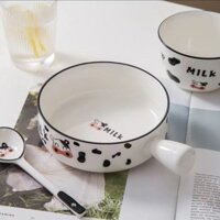 【6404Mọi Người Khen Ngợi】Bộ bát hình bò dễ thương ins Bát cơm có tay cầm, bát mì ăn liền, thìa gốm sứ có tay cầm, đồ dùn