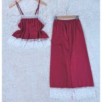 (65Kg - 90Kg) Bộ Ngủ Bigsize Cho Nữ Vải Lụa Satin Trơn Áo 2 Dây Không Mút Phối Ren Tầng Mềm Quần Ống Suông Dài Bánh Bèo