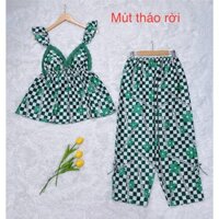 (65Kg - 90Kg)Bộ Đồ Ngủ Bigsize Cho Nữ Vải Lụa Hàn Họa Tiết Áo 2 Dây Cánh Tiên Có Mút Tháo Rời Phối Ren Quần Dài Ống Rộng