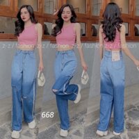 668 QUẦN JEAN BAGGY NỮ RÁCH GỐI - LƯNG CAO LOANG MÀU CHẤT LIỆU COTTON THOÁNG MÁT Cotton Thông thường
