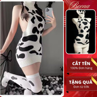 [6816] Đầm Ngủ Cổ Yếm BOENA Đầm Ngủ Họa Tiết Bò Sữa Len Ôm Sát Body Sexy Gợi