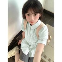 [6838 Yêu thích] Trang phục nữ ngọt ngào mùa hè, áo ngắn tay màu xanh bạc hà với chân váy xếp ly, bộ hai món
