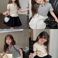 (6m-8y) Áo lụa băng mùa hè Áo thun ngắn tay viền tai bằng gỗ đa năng Phiên bản Hàn Quốc của cô gái Áo nơ ngắn tay