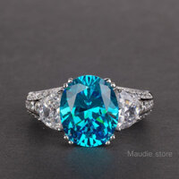 7 Carats Sang Trọng Đá Quý Aquamarine Nhẫn Kim Cương S925 Bạc Lấp Lánh Nhẫn Nữ