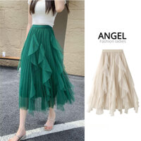 [7 màu] ANGEL Váy midi nữ thời trang lưới màu trơn co giãn Hàn Quốc eo cao chữ A màu đen mỏng xích đu lớn Váy vải tuyn xếp ly dài dành cho nữ