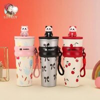 700ml Dễ Thương Kawaii Gấu Trúc Ống Hút Tumbler Thép Không Gỉ Cách Nhiệt Chân Không Bình Cà Phê Di Động Xe Cốc Tay Chai Nước