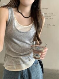71849 Len pha trộn màu tương phản giả hai mảnh Áo Vest dệt kim nhẹ