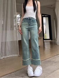 71984 Quần dài đến mắt cá chân Denim eo cao màu xanh