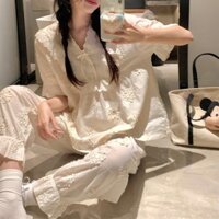 733_Bộ ngủ nữ, pijama áo ngắn quần dài màu trắng kem chất cotton | 9scat | Hàng QCCC