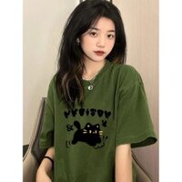 7678 Người Bộ Sưu Tập 100% Cotton Quân Đội Xanh Mỹ Retro Hoạt Hình Mèo Ngắn Tay Áo Thun Nữ Phong Cách Hồng Kông Sang Trọng Rời Top