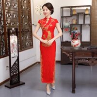 7S·V Đầm dạ hội cao cấp cho quý cô, Qipao phượng hoàng 2025, mới, dài, thanh lịch, ren đỏ, đầm cô dâu, lễ hội, bán trực tiếp từ nhà máy