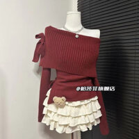 [8-10 days] Áo Len Lệch Vai Nơ Bướm Phối Chân Váy Bồng Bềnh Thời Trang Giáng Sinh Cho Nữ