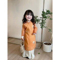 (8-45kg) Set áo dài bé gái tơ cam thêu hoa kèm quần lụa