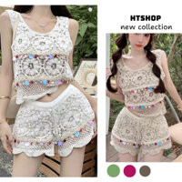 80-Set bộ len móc đi biển hoạ tiết hình hoa tròn đính trang trí áo ba lỗ quần sóc hàng QCCC