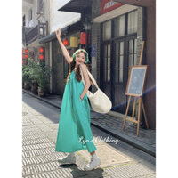 [804-HẾT HÀNG] Váy đũi thô đũi sần hạt gạo hai dây cổ yếm tròn phối nơ vai dáng dài phong cách Vintage Hàn Quốc