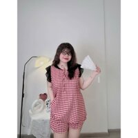 (80Kg - 100Kg) Bộ Đồ Mặc Nhà Mặc Ngủ Cho Nữ Vải Mango Sọc Caro Không Mút Viền Phối Voan, Chất Liệu Lụa Mặc Mát Thoải