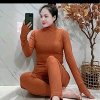 80.om9981. BỘ ĐỒ MẶC NHÀ Ủ KEM ÁO TAY DÀI CỔ LỌ ÁO FORM ÔM QUẦN ỐNG ÔM.