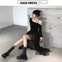 8211-Chân váy xòe màu đen xếp ly, Chân váy voan lưới đầm đi tiệc đầm đen voan lưới cho nữ cá tính [Haza Dress]