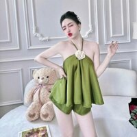 82.DUI2012.  SET BỘ ĐỒ ÁO CỔ YẾM HOA HỒNG. QUẦN ĐÙI LỤA SATIN